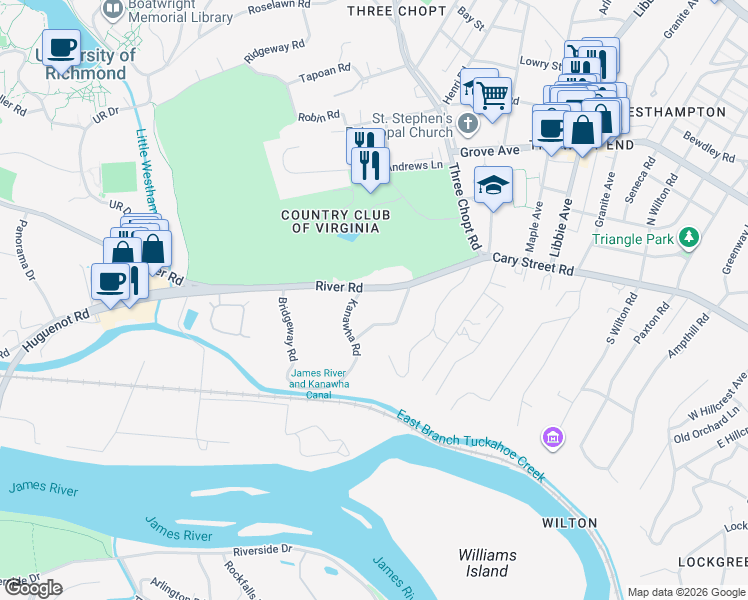 map of restaurants, bars, coffee shops, grocery stores, and more near 5809 River Road in Richmond