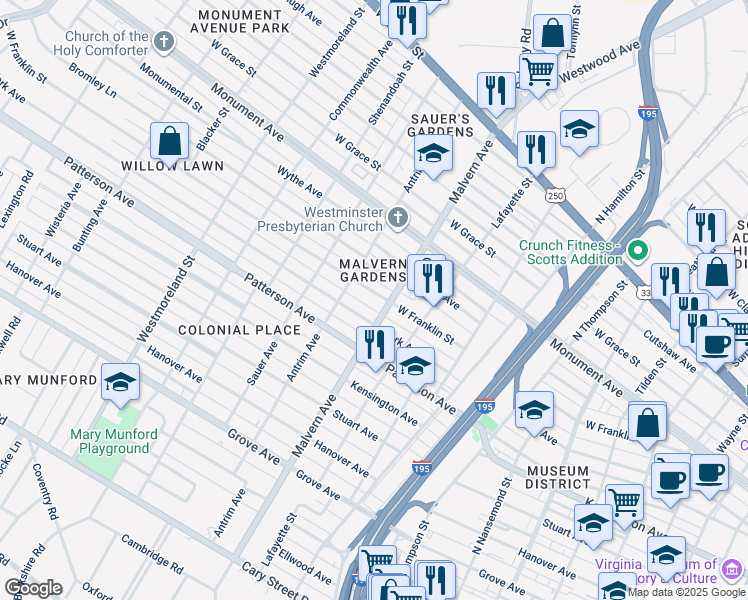 map of restaurants, bars, coffee shops, grocery stores, and more near 4105 West Franklin Street in Richmond