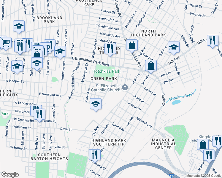 map of restaurants, bars, coffee shops, grocery stores, and more near 1029 Fourqurean Lane in Richmond