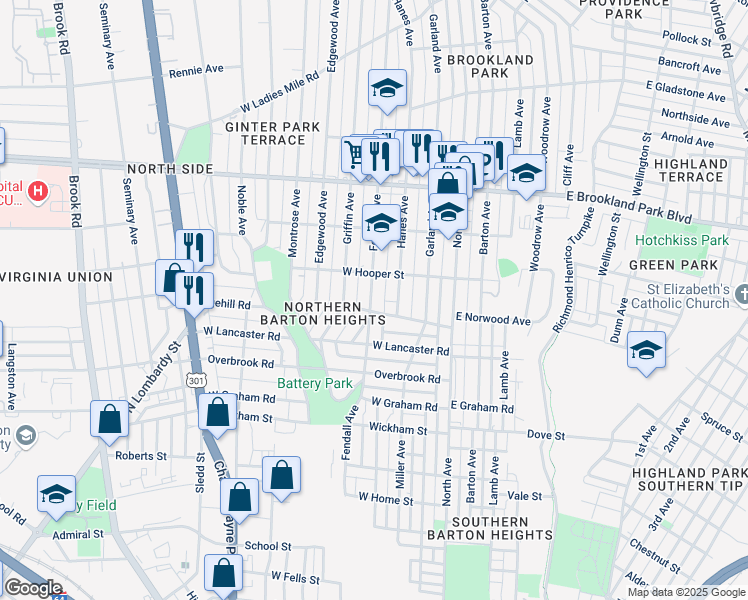 map of restaurants, bars, coffee shops, grocery stores, and more near 2700 Hanes Avenue in Richmond