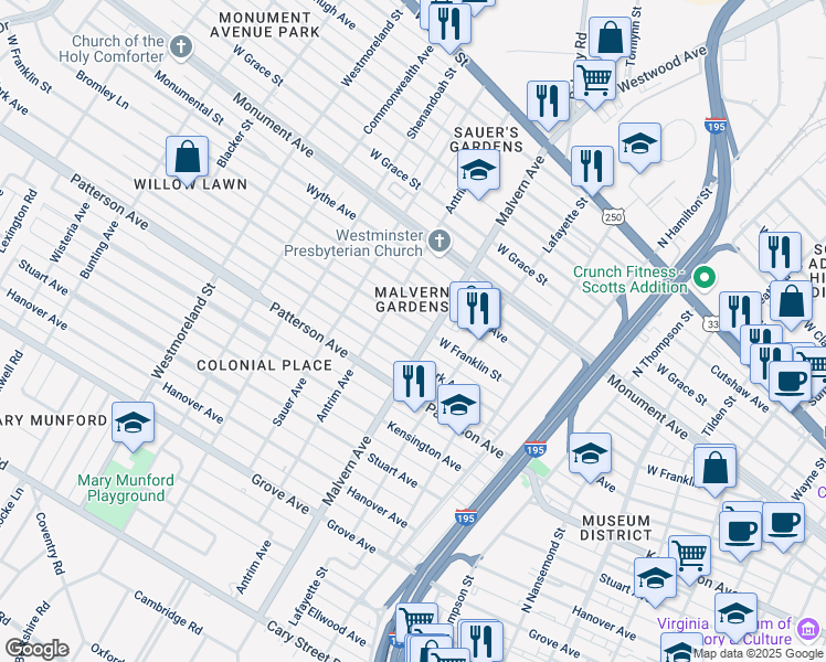 map of restaurants, bars, coffee shops, grocery stores, and more near 4105 West Franklin Street in Richmond