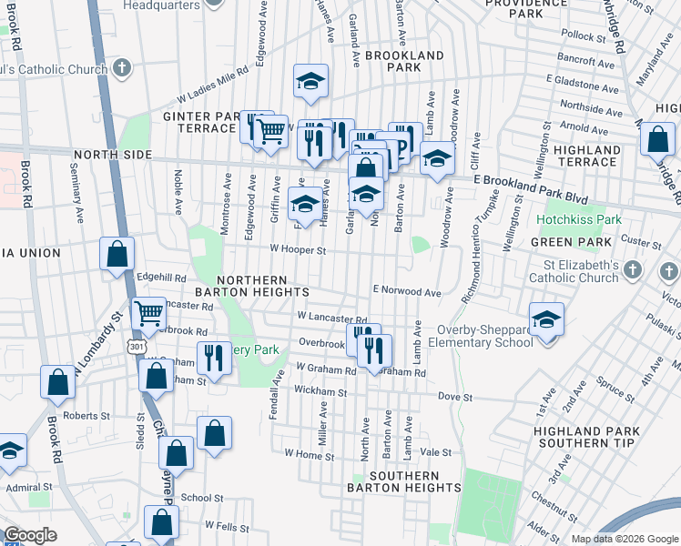 map of restaurants, bars, coffee shops, grocery stores, and more near 2708 Garland Avenue in Richmond