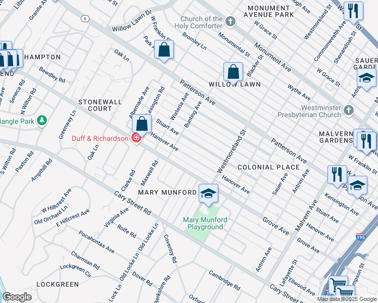 map of restaurants, bars, coffee shops, grocery stores, and more near 4632 Hanover Avenue in Richmond
