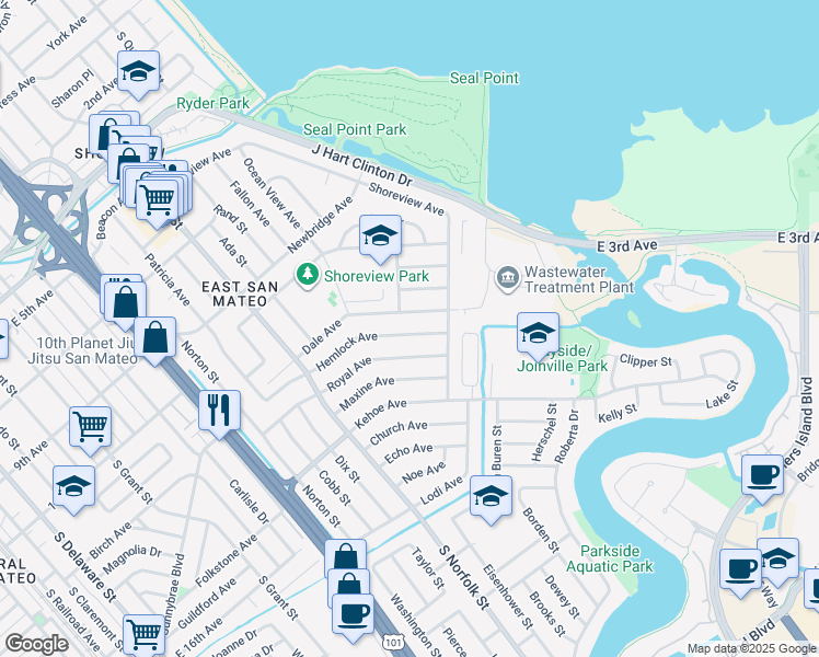 map of restaurants, bars, coffee shops, grocery stores, and more near 1801 Hemlock Avenue in San Mateo