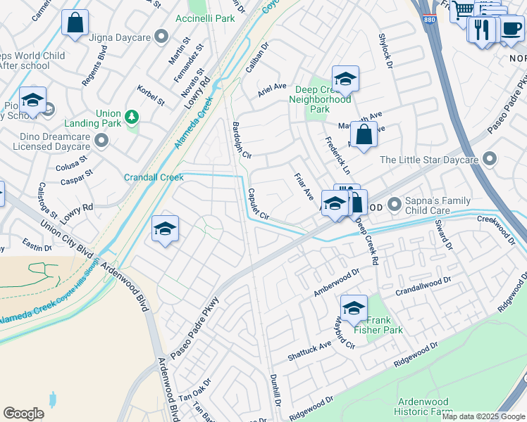 map of restaurants, bars, coffee shops, grocery stores, and more near 33928 Capulet Circle in Fremont