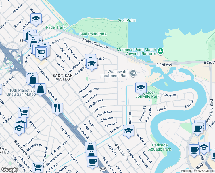 map of restaurants, bars, coffee shops, grocery stores, and more near 1801 Hemlock Avenue in San Mateo
