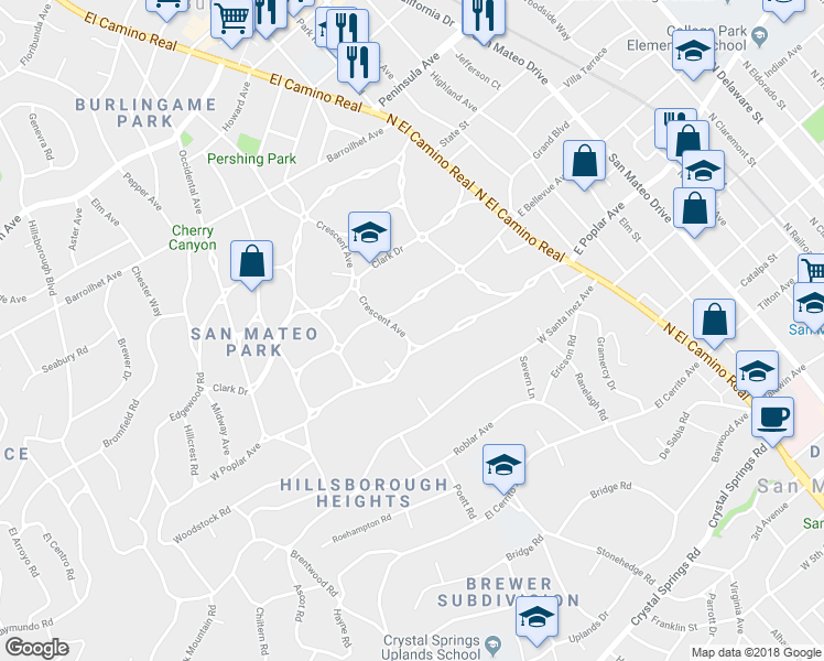 map of restaurants, bars, coffee shops, grocery stores, and more near 414 Crescent Avenue in San Mateo