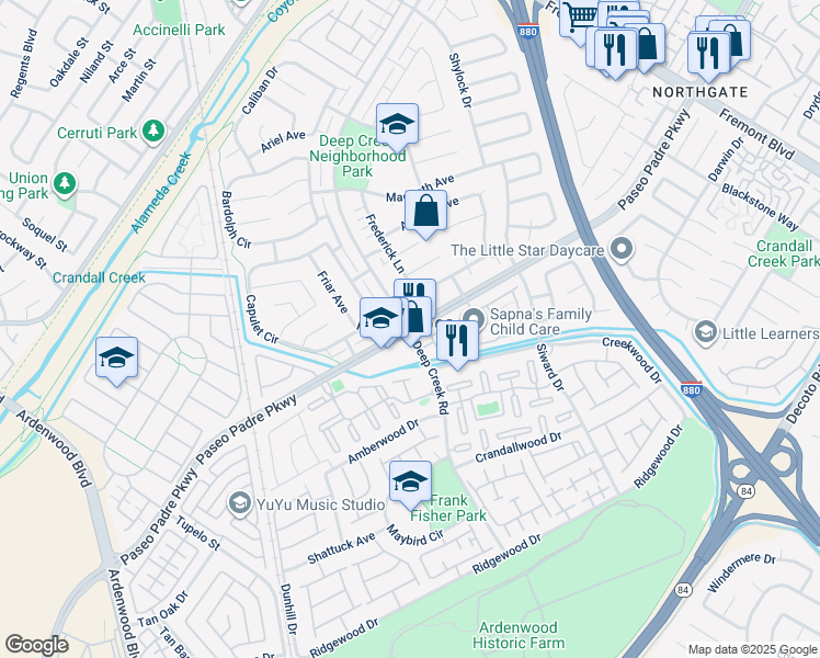 map of restaurants, bars, coffee shops, grocery stores, and more near in Fremont