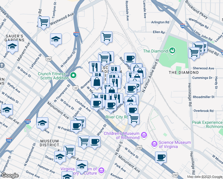 map of restaurants, bars, coffee shops, grocery stores, and more near 3121 West Leigh Street in Richmond