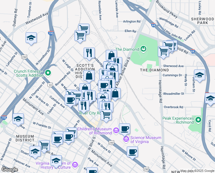 map of restaurants, bars, coffee shops, grocery stores, and more near 1600 Altamont Avenue in Richmond