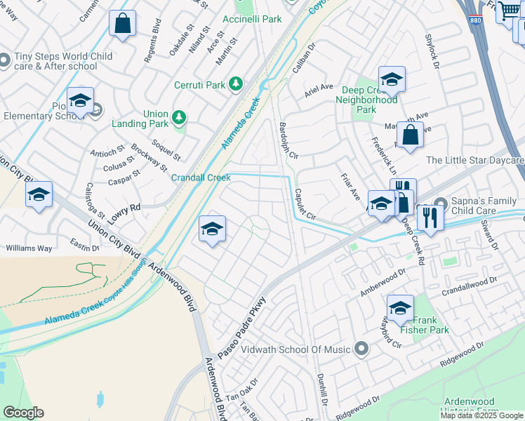 map of restaurants, bars, coffee shops, grocery stores, and more near 5050 Bonanza Drive in Fremont