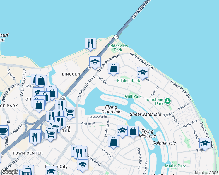 map of restaurants, bars, coffee shops, grocery stores, and more near 731 Widgeon Street in Foster City