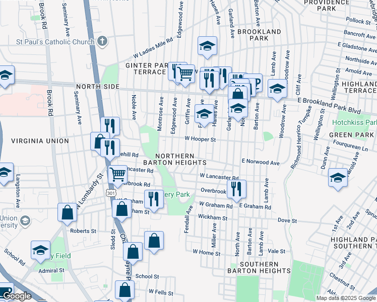 map of restaurants, bars, coffee shops, grocery stores, and more near 2707 Griffin Avenue in Richmond