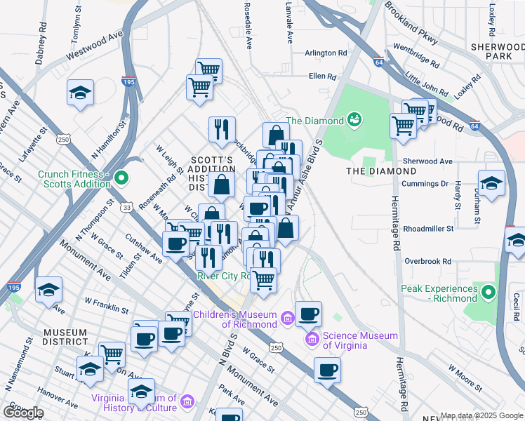 map of restaurants, bars, coffee shops, grocery stores, and more near 1620 Altamont Avenue in Richmond