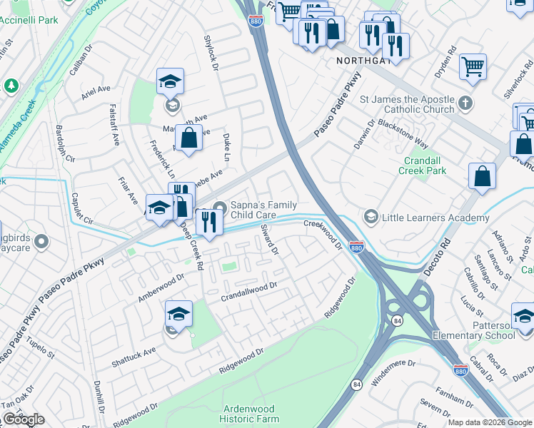 map of restaurants, bars, coffee shops, grocery stores, and more near 34356 Portia Terrace in Fremont