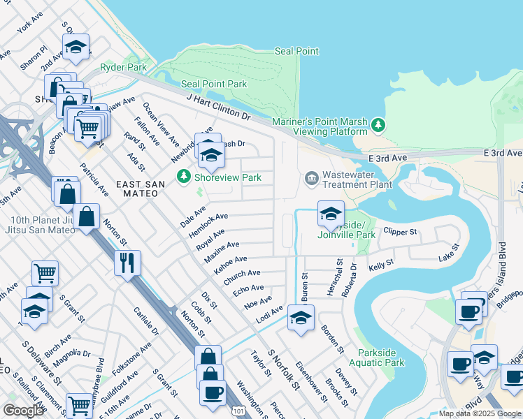 map of restaurants, bars, coffee shops, grocery stores, and more near 1824 Hemlock Avenue in San Mateo