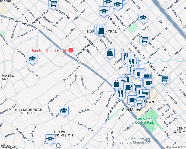 map of restaurants, bars, coffee shops, grocery stores, and more near 30 Mounds Road in San Mateo
