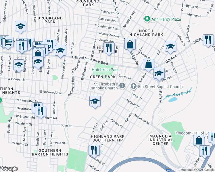 map of restaurants, bars, coffee shops, grocery stores, and more near 1029 Fourqurean Lane in Richmond