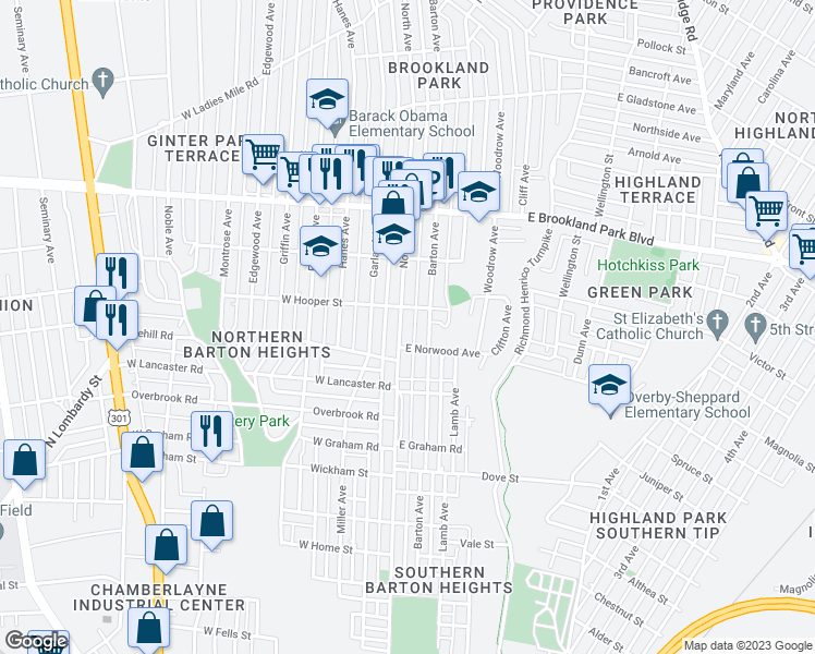 map of restaurants, bars, coffee shops, grocery stores, and more near 2710 North Avenue in Richmond