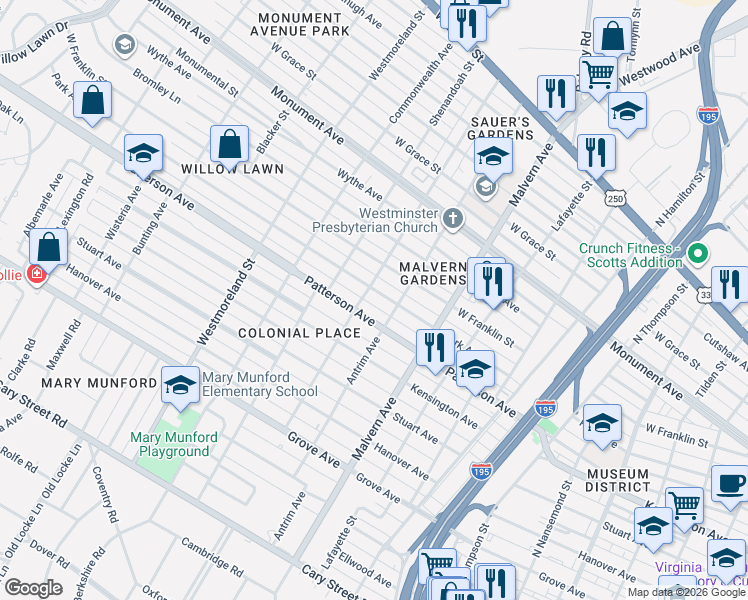 map of restaurants, bars, coffee shops, grocery stores, and more near 4210 Patterson Avenue in Richmond