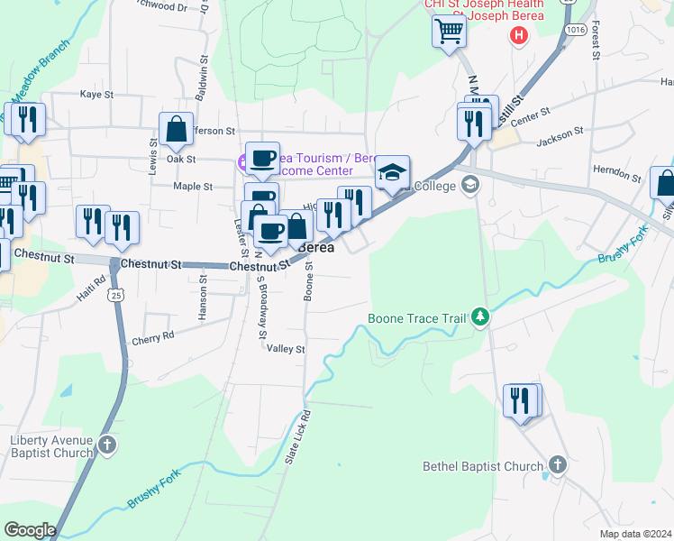 map of restaurants, bars, coffee shops, grocery stores, and more near 106 Pearl Street in Berea