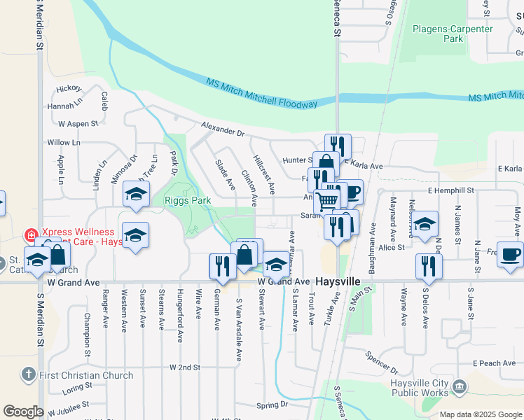 map of restaurants, bars, coffee shops, grocery stores, and more near 523 Sarah Lane in Haysville