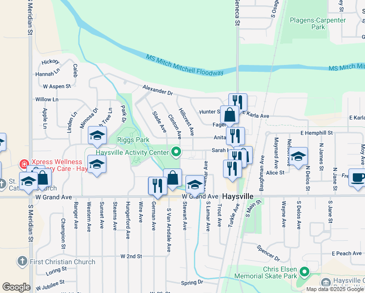 map of restaurants, bars, coffee shops, grocery stores, and more near 523 Sarah Lane in Haysville