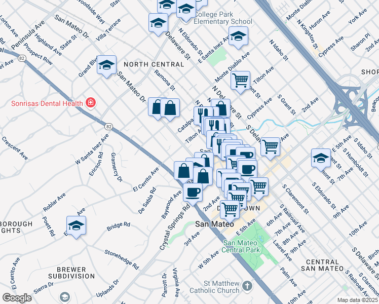 map of restaurants, bars, coffee shops, grocery stores, and more near 50 San Mateo Drive in San Mateo