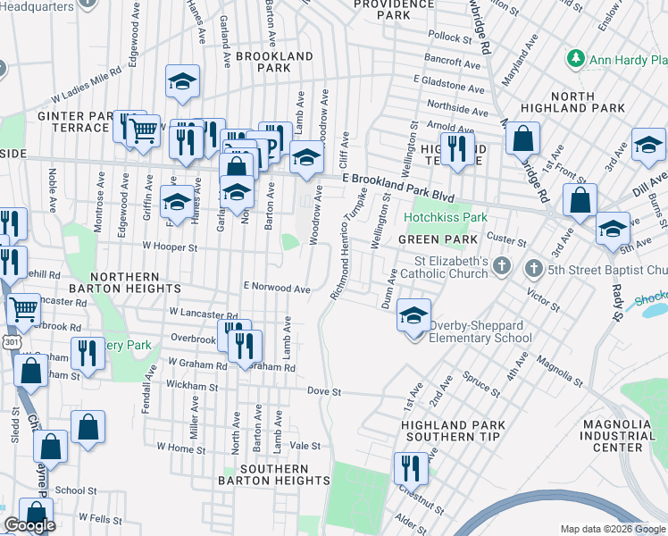 map of restaurants, bars, coffee shops, grocery stores, and more near 2700 Richmond Henrico Turnpike in Richmond