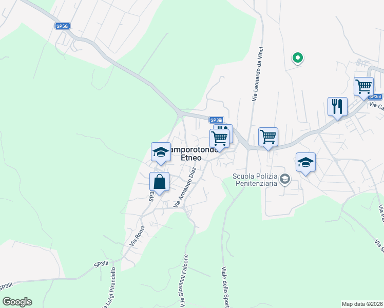map of restaurants, bars, coffee shops, grocery stores, and more near 25 Piazza Sant'Antonio Abate in Camporotondo Etneo