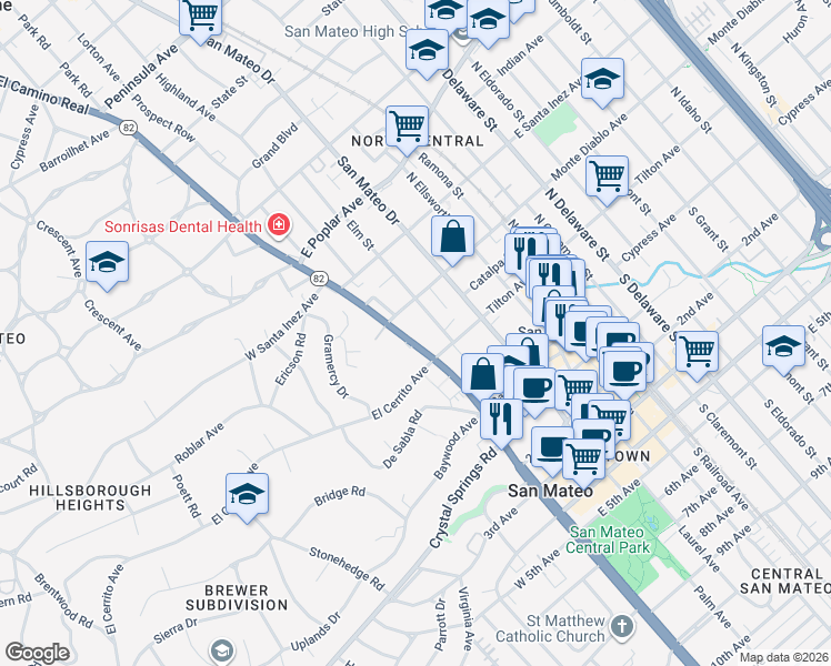 map of restaurants, bars, coffee shops, grocery stores, and more near 123 North El Camino Real in San Mateo