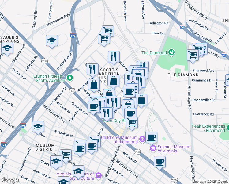 map of restaurants, bars, coffee shops, grocery stores, and more near 3034 West Leigh Street in Richmond