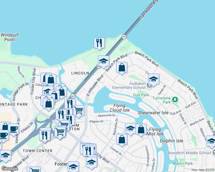 map of restaurants, bars, coffee shops, grocery stores, and more near 706 Widgeon Street in Foster City