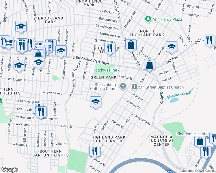 map of restaurants, bars, coffee shops, grocery stores, and more near 1029 Fourqurean Lane in Richmond