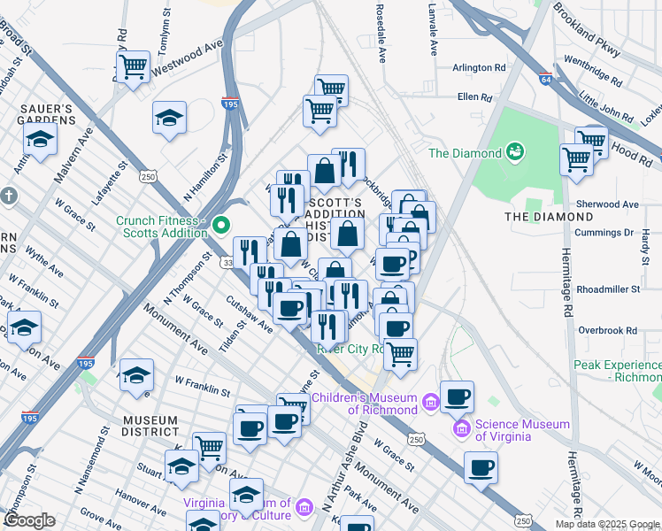 map of restaurants, bars, coffee shops, grocery stores, and more near 3121 West Leigh Street in Richmond