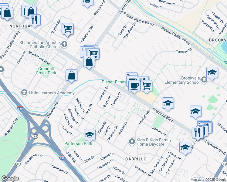 map of restaurants, bars, coffee shops, grocery stores, and more near 35455 Ratto Place in Fremont
