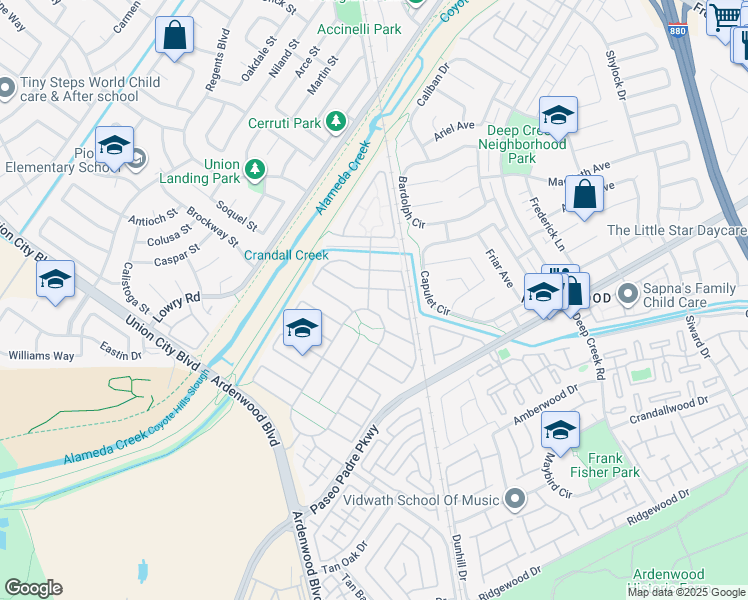 map of restaurants, bars, coffee shops, grocery stores, and more near 5050 Bonanza Drive in Fremont