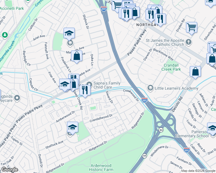 map of restaurants, bars, coffee shops, grocery stores, and more near 34356 Portia Terrace in Fremont
