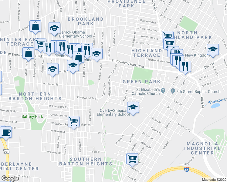 map of restaurants, bars, coffee shops, grocery stores, and more near 2711 Henrico Drive in Richmond