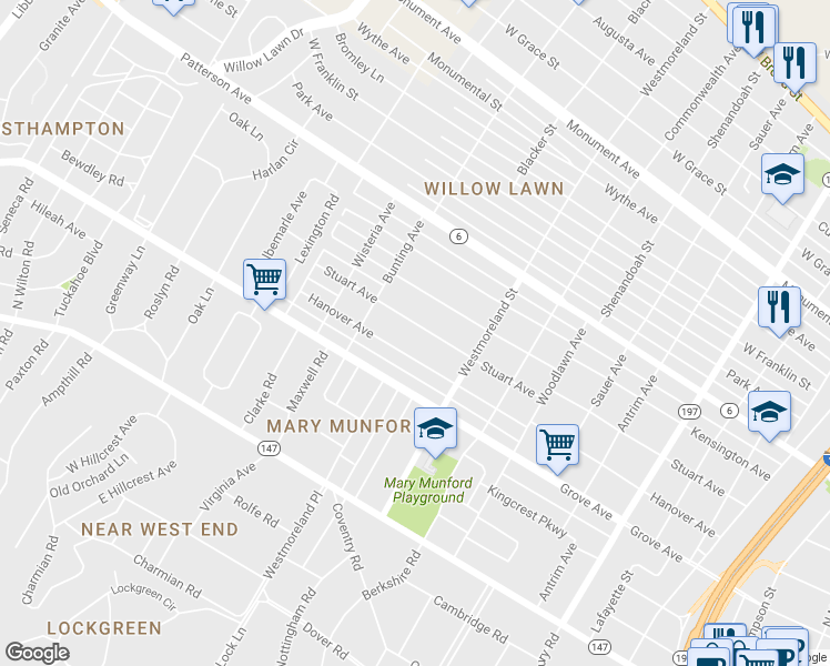 map of restaurants, bars, coffee shops, grocery stores, and more near 4627 Stuart Avenue in Richmond