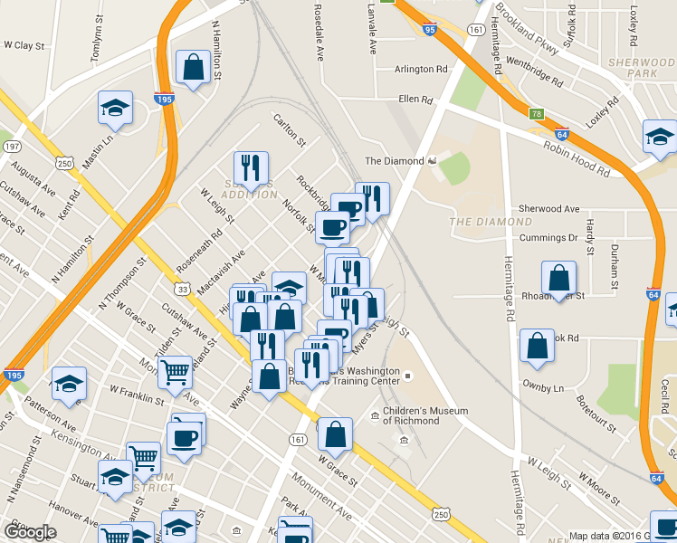 map of restaurants, bars, coffee shops, grocery stores, and more near 1600 Altamont Avenue in Richmond