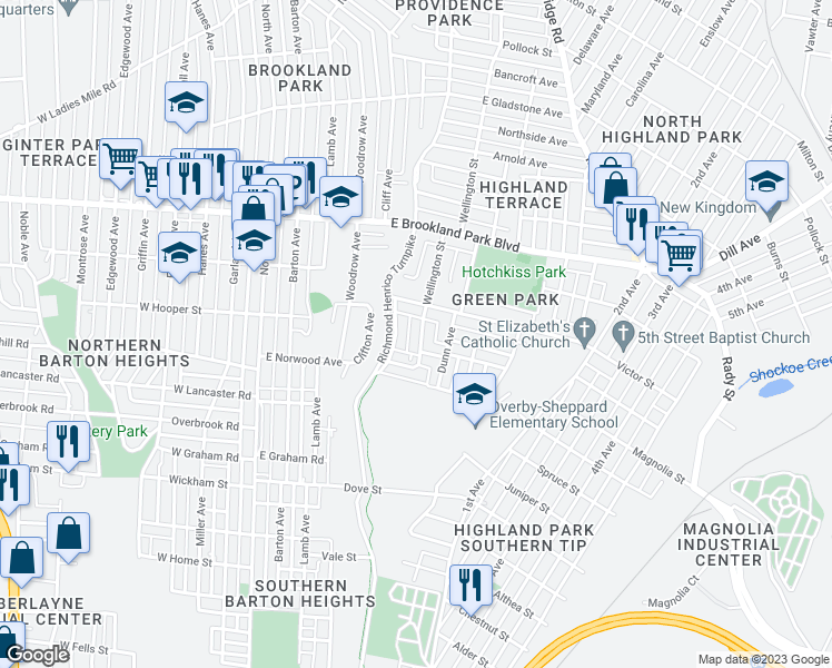 map of restaurants, bars, coffee shops, grocery stores, and more near 2708 Wellington Street in Richmond