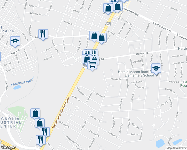 map of restaurants, bars, coffee shops, grocery stores, and more near 3089 Mechanicsville Turnpike in Richmond