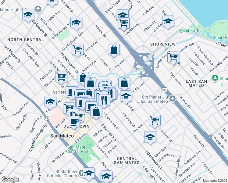 map of restaurants, bars, coffee shops, grocery stores, and more near 728 East 4th Avenue in San Mateo