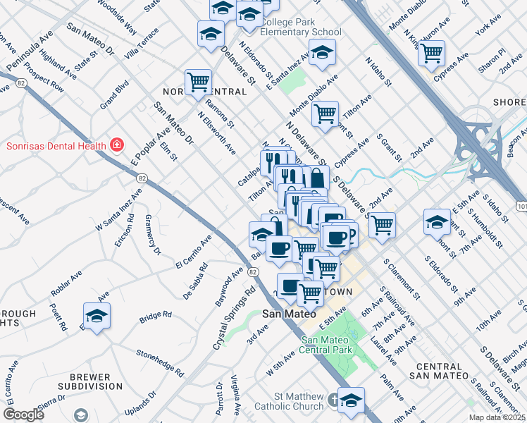 map of restaurants, bars, coffee shops, grocery stores, and more near 22 North San Mateo Drive in San Mateo