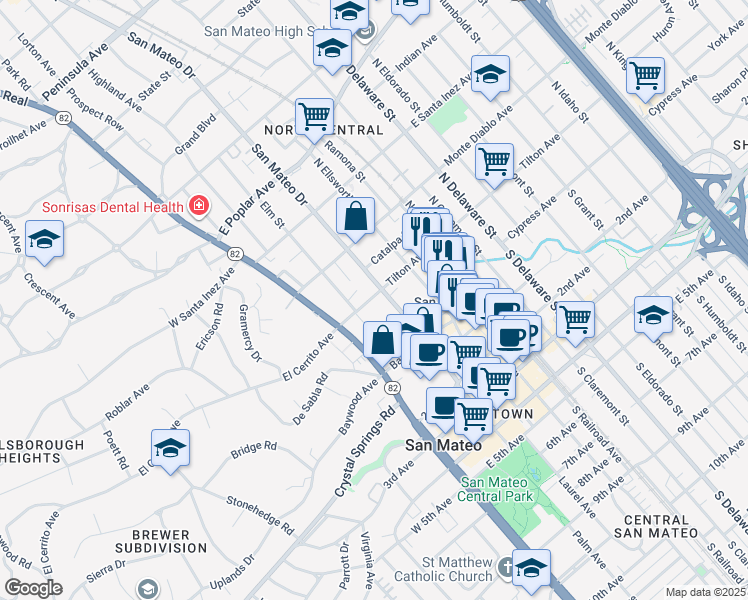 map of restaurants, bars, coffee shops, grocery stores, and more near 53 North San Mateo Drive in San Mateo