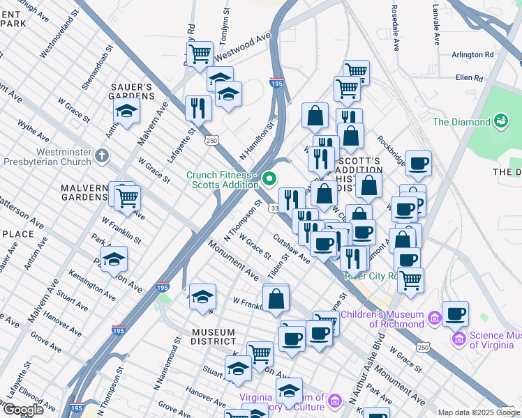 map of restaurants, bars, coffee shops, grocery stores, and more near 3406 Cutshaw Avenue in Richmond