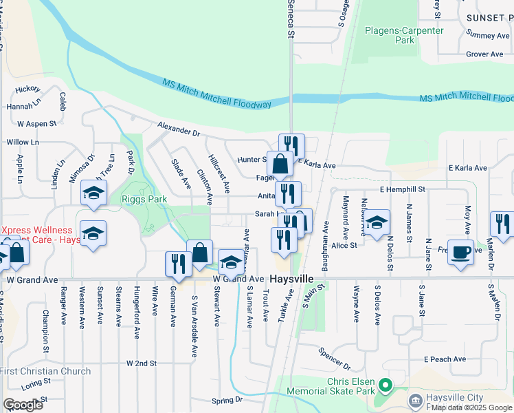 map of restaurants, bars, coffee shops, grocery stores, and more near 215-225 Sarah Lane in Haysville