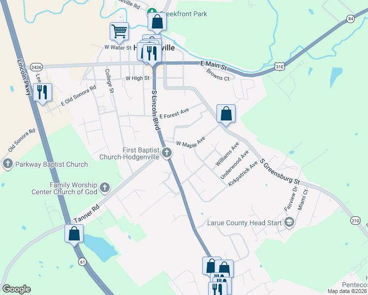 map of restaurants, bars, coffee shops, grocery stores, and more near 350 West Maple Avenue in Hodgenville