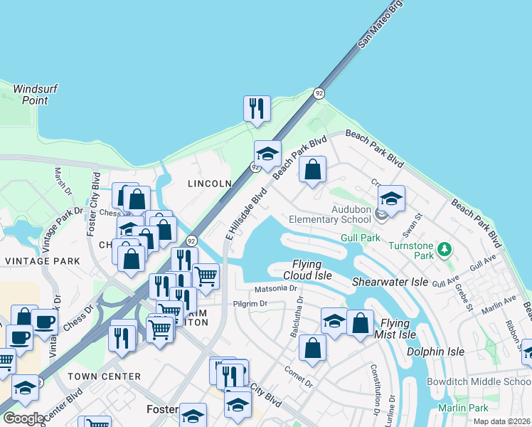 map of restaurants, bars, coffee shops, grocery stores, and more near 1288 East Hillsdale Boulevard in Foster City